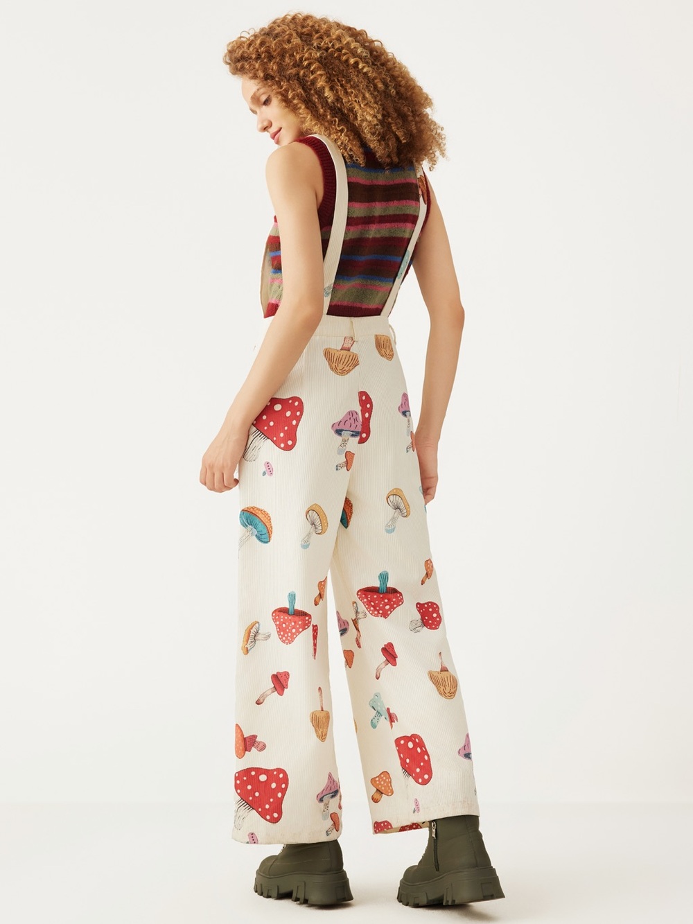 Cider Cream Mushroom Print Wide-Leg Overalls Jumpsuit - Picture 4 of 5